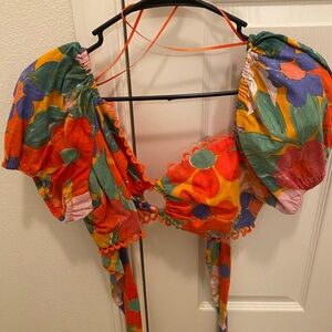 floral tropical print puff-sleeve crop top